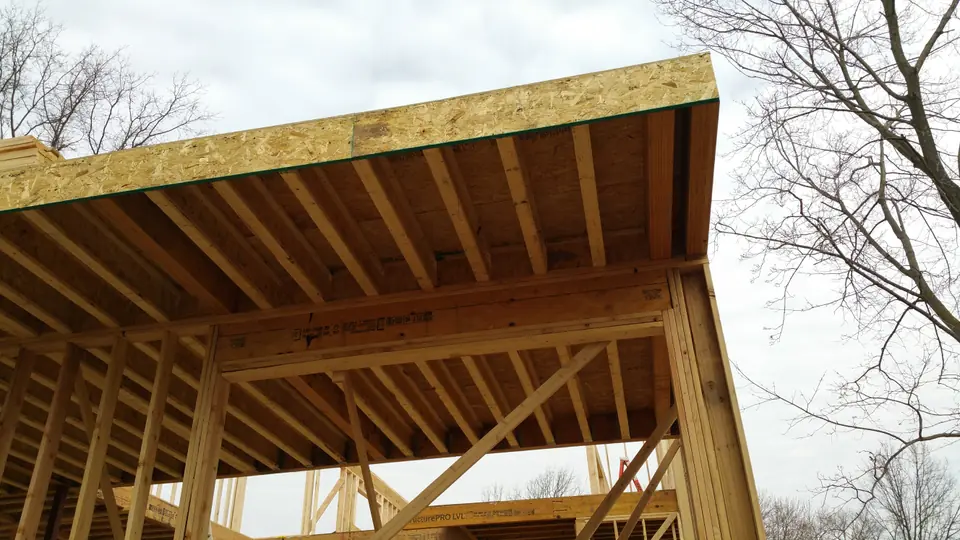 A closer look at the main cantilever. It is 25 feet across with a 5-foot overhang. There are multiple Parallam beams spreading the load. The