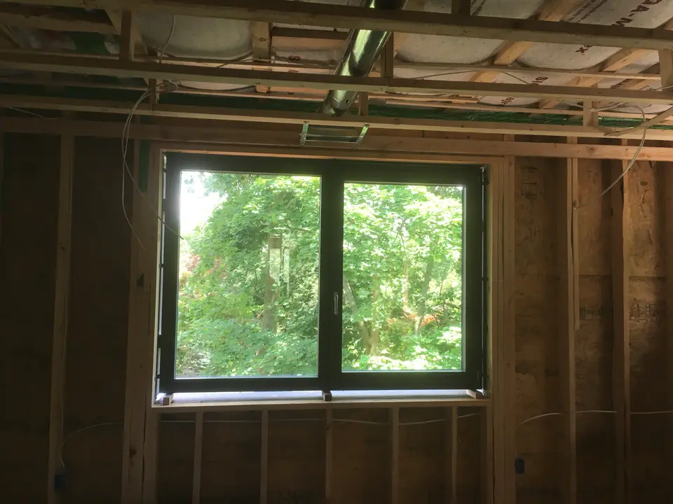 The example of standard window installation with supplied metal brackets and wooden adjustment blocks. All operable windows around the house